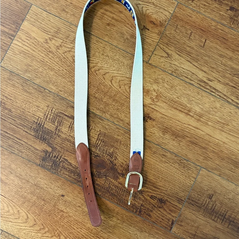 Navy Nautical Ribbon Canvas Belt with Brown Leather Trim